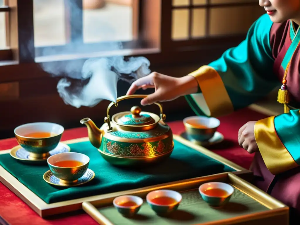 Una ceremonia de té tradicional mongol, con detalles intrincados en la tetera, tazas, y la bebida humeante