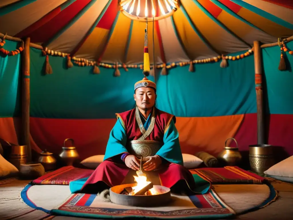 Un chamán en la cultura mongola realiza un ritual dentro de una yurta, rodeado de telas coloridas, instrumentos tradicionales e incienso ardiendo