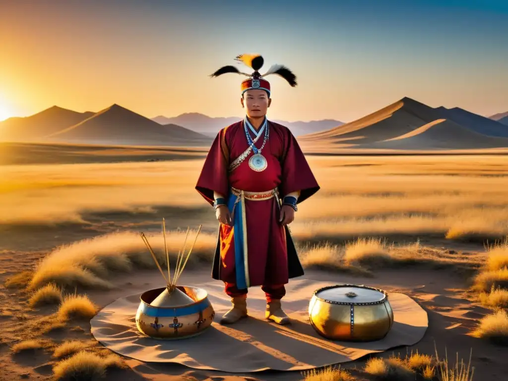 Un chamán mongol en la estepa, danzando al atardecer con instrumentos rituales