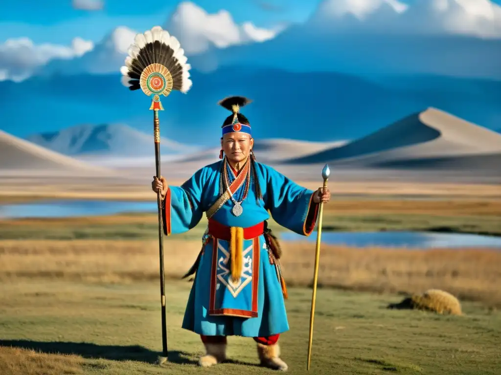 Un chamán mongol con atuendo tradicional sostiene un bastón ceremonial con símbolos chamánicos, en un paisaje vasto de Mongolia antigua