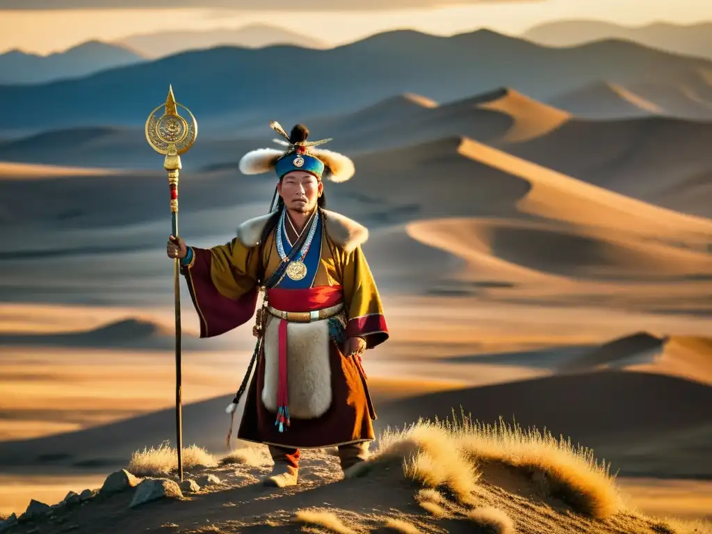 Un chamán mongol en la cima de una colina ventosa, conectando con lo espiritual al atardecer