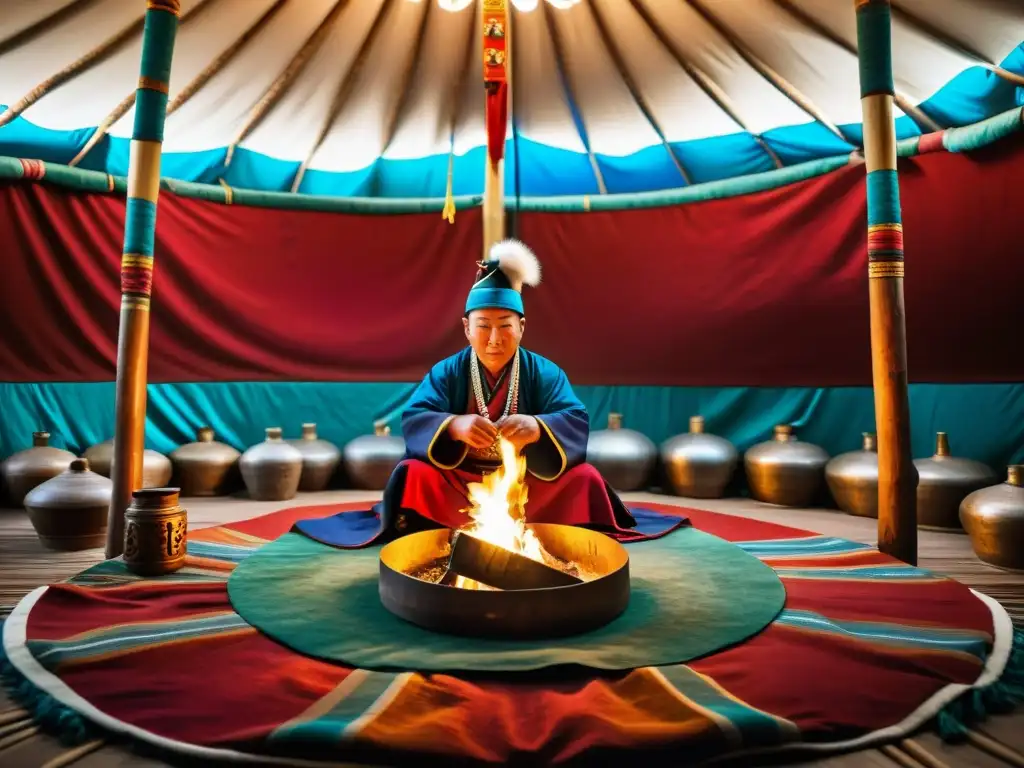 Un chamán mongol contemporáneo realiza un ritual dentro de una yurta, rodeado de objetos rituales y telas tradicionales, en un estado de trance