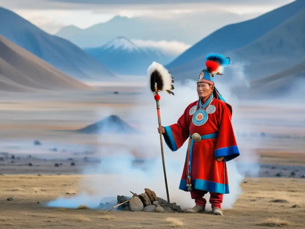 Un chamán mongol viste un manto rojo y azul con símbolos y plumas, sosteniendo un bastón ceremonial en un paisaje desolado