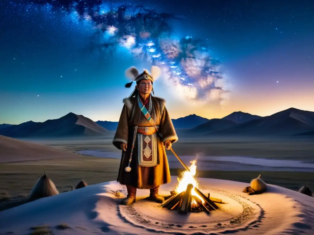 Un chamán mongol bajo la Vía Láctea, conectando con prácticas religiosas y el cosmos en la estepa