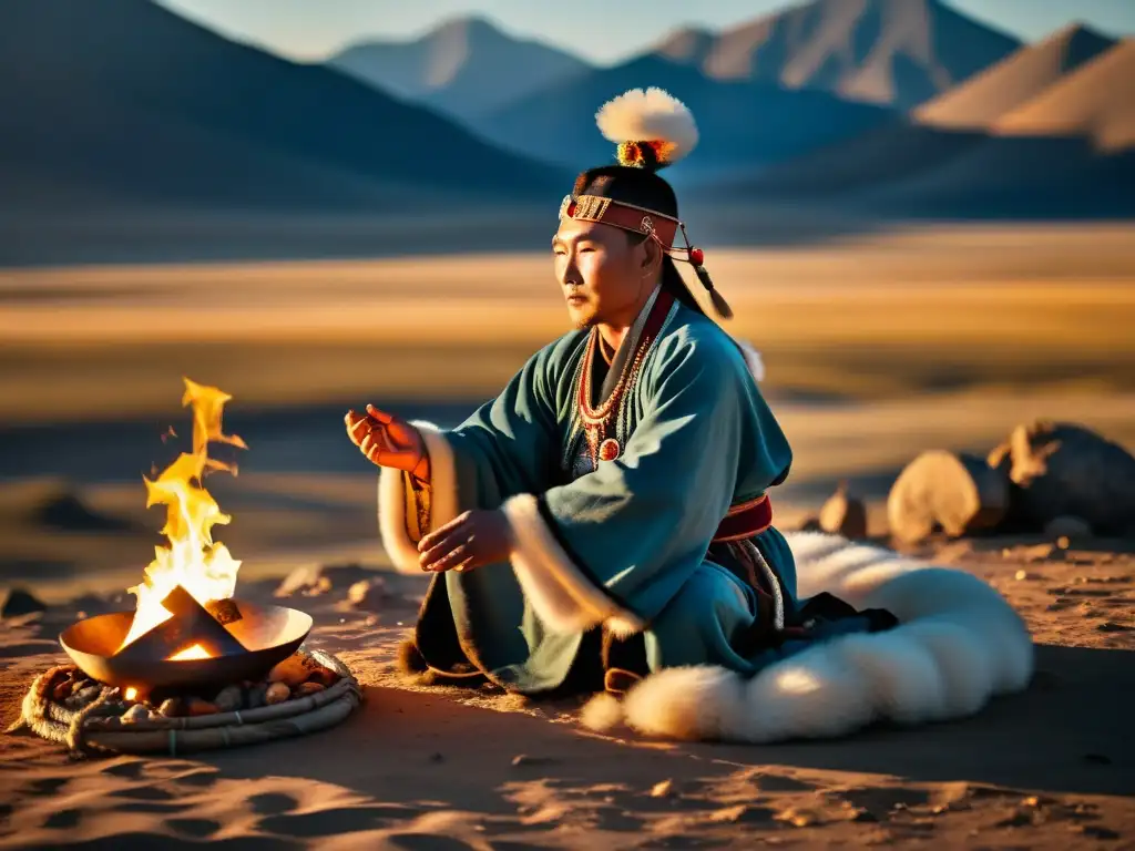 Un chamán mongol realiza un ritual espiritual en un paisaje impresionante