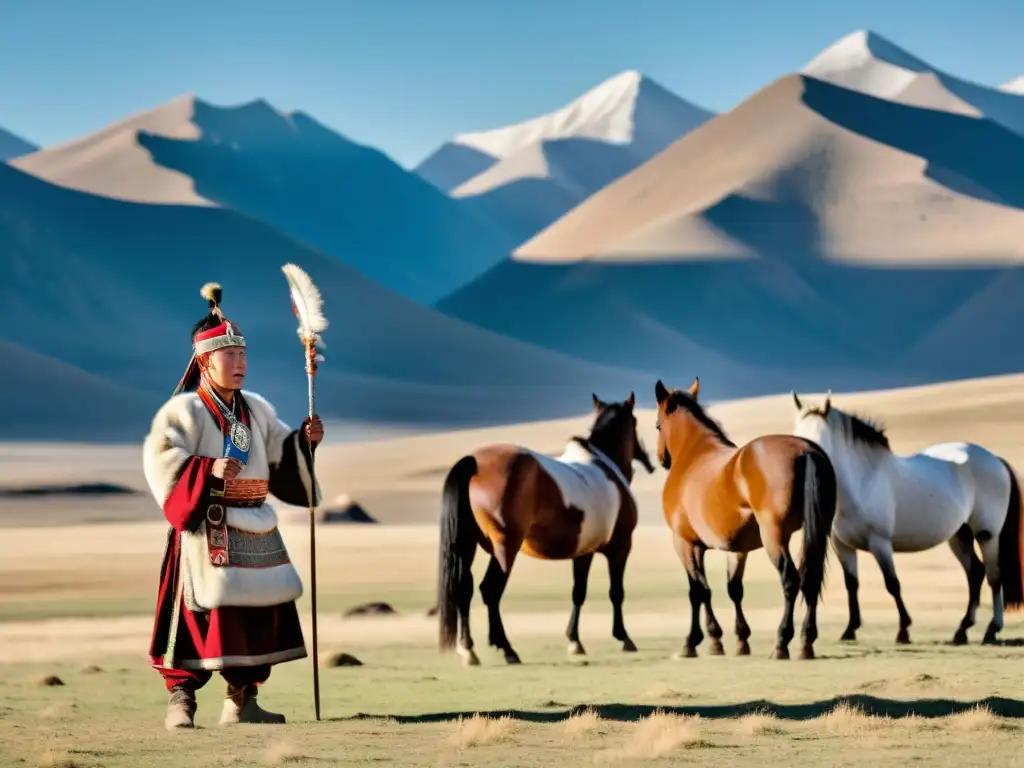 Un chamán mongol realiza un ritual con un grupo de caballos en la vasta estepa, rodeado de montañas