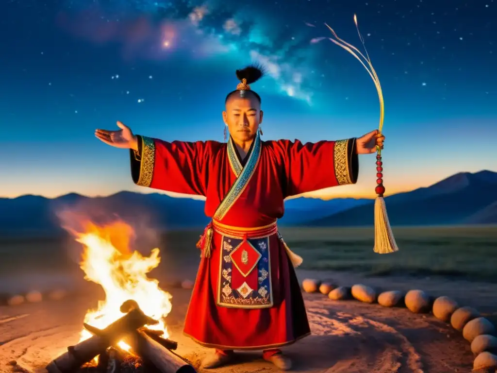 Un chamán mongol realiza un ritual junto al fuego en la noche, con ribbons coloridos moviéndose con gracia