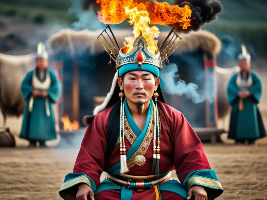 Un chamán mongol realiza un ritual en medio de las llamas y el humo, representando el chamanismo y el budismo en Mongolia