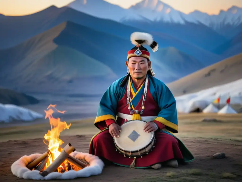 Un chaman mongol realiza un ritual en un paisaje vasto y áspero al atardecer, con la palabra clave 'Chamanismo en la identidad mongola'