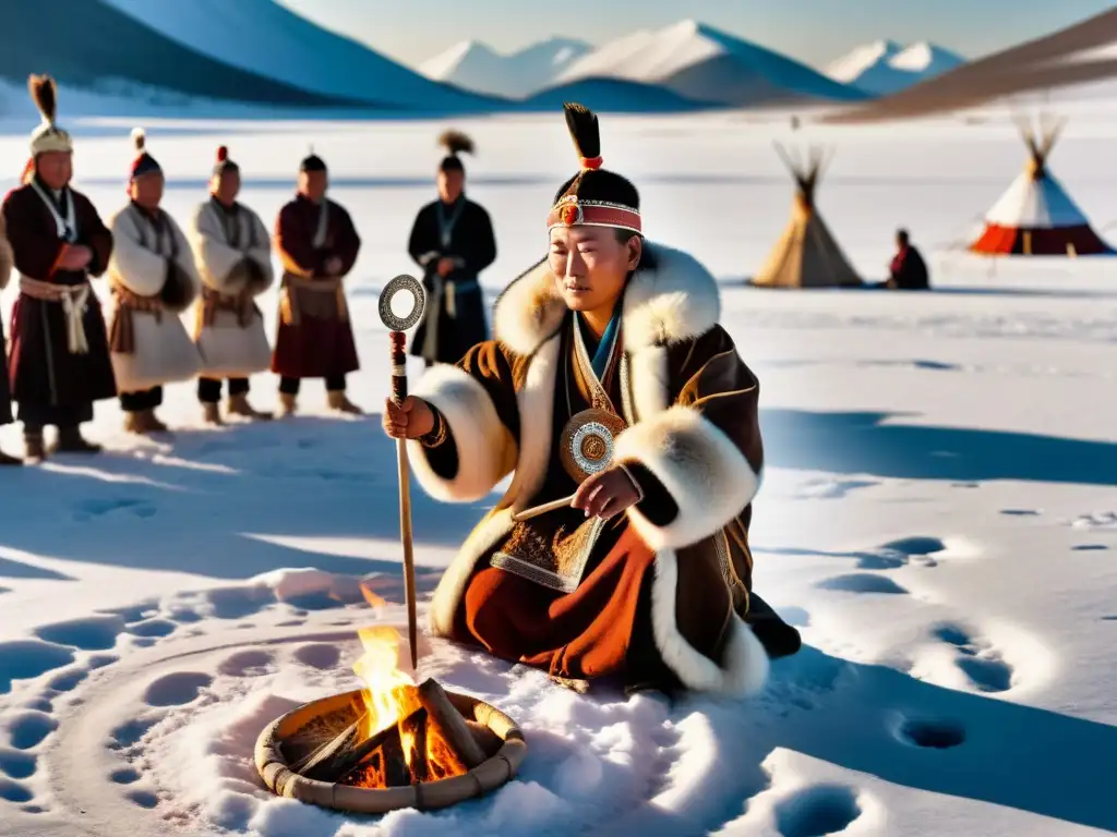 Un chamán mongol realiza un ritual en un paisaje nevado, rodeado de onlookers