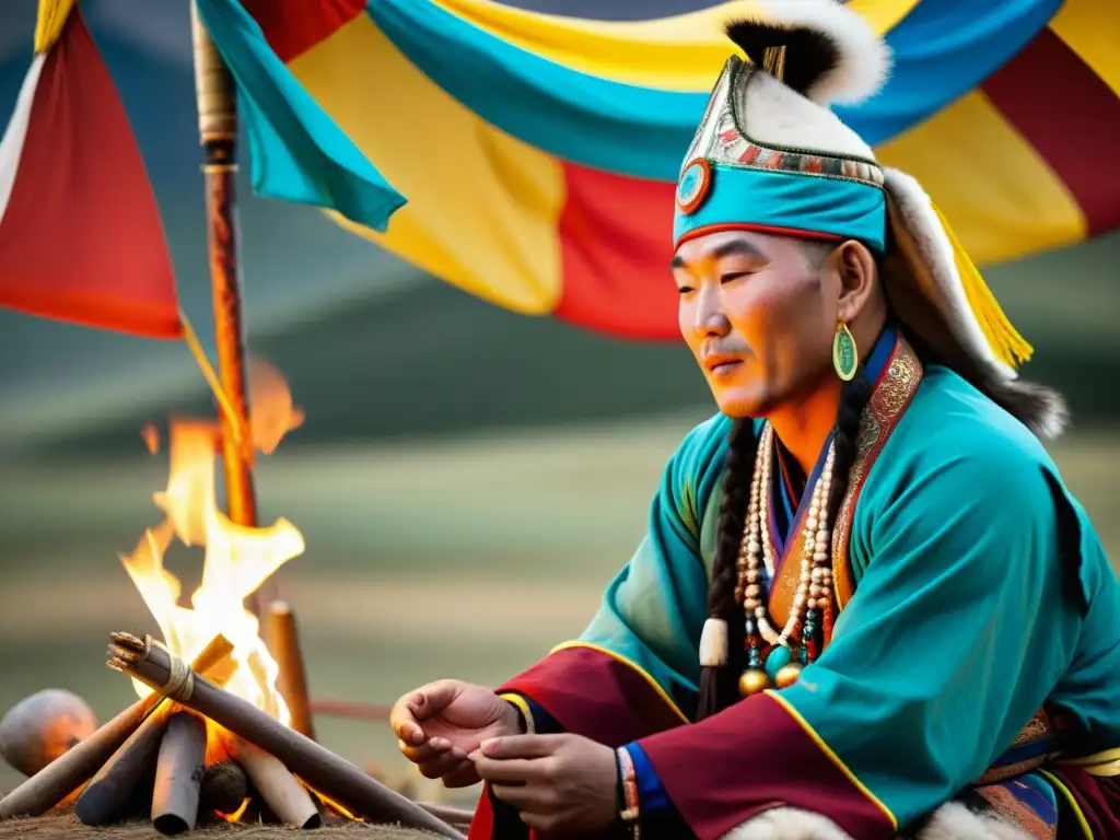 Un chamán mongol realiza un ritual sagrado rodeado de banderas de oración y tótems animales