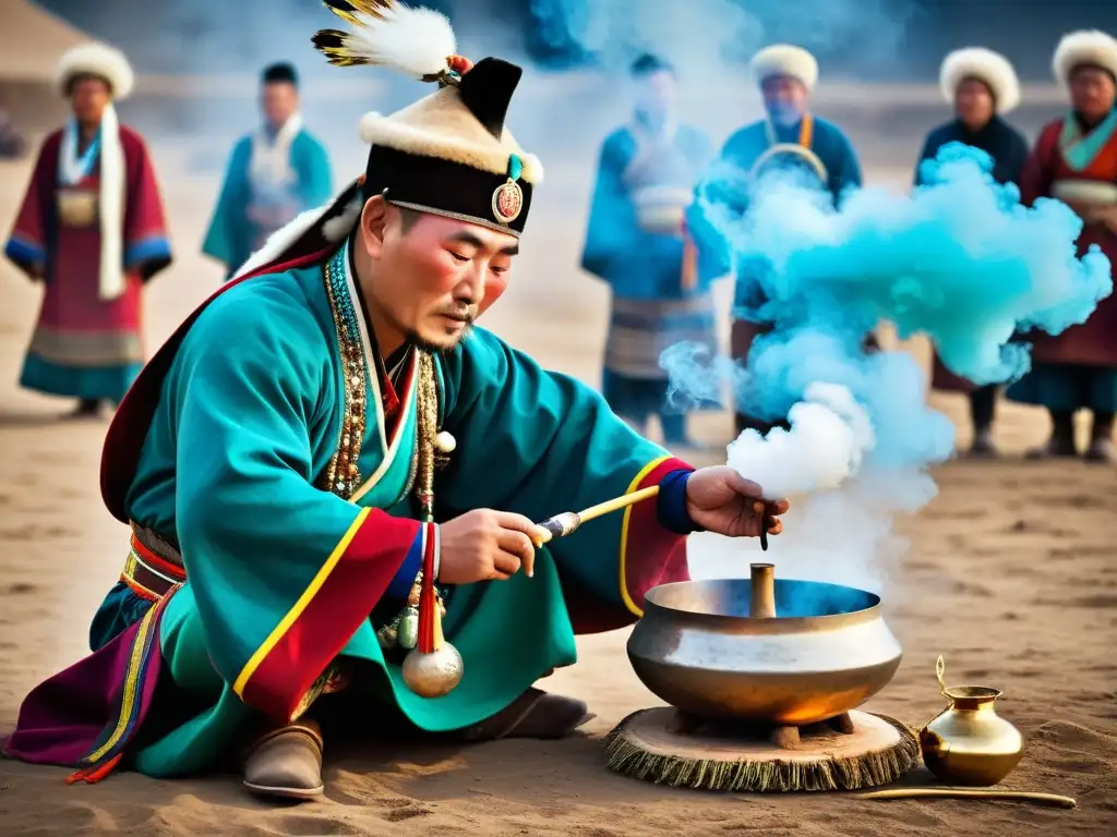 Un chamán mongol realiza un ritual sanador rodeado de coloridos trajes y objetos ceremoniales