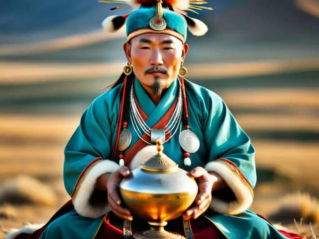 Ritual chamánico mongol: misticismo en la estepa Un chamán mongol realiza un ritual en la vasta estepa, destacando el legado espiritual del Imperio Mongol contemporáneo