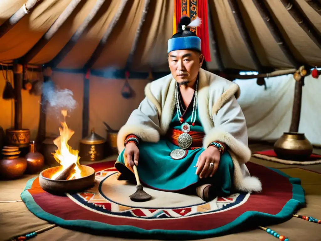 Un chamán mongol realiza un ritual de adivinación en una yurta tradicional, rodeado de objetos simbólicos