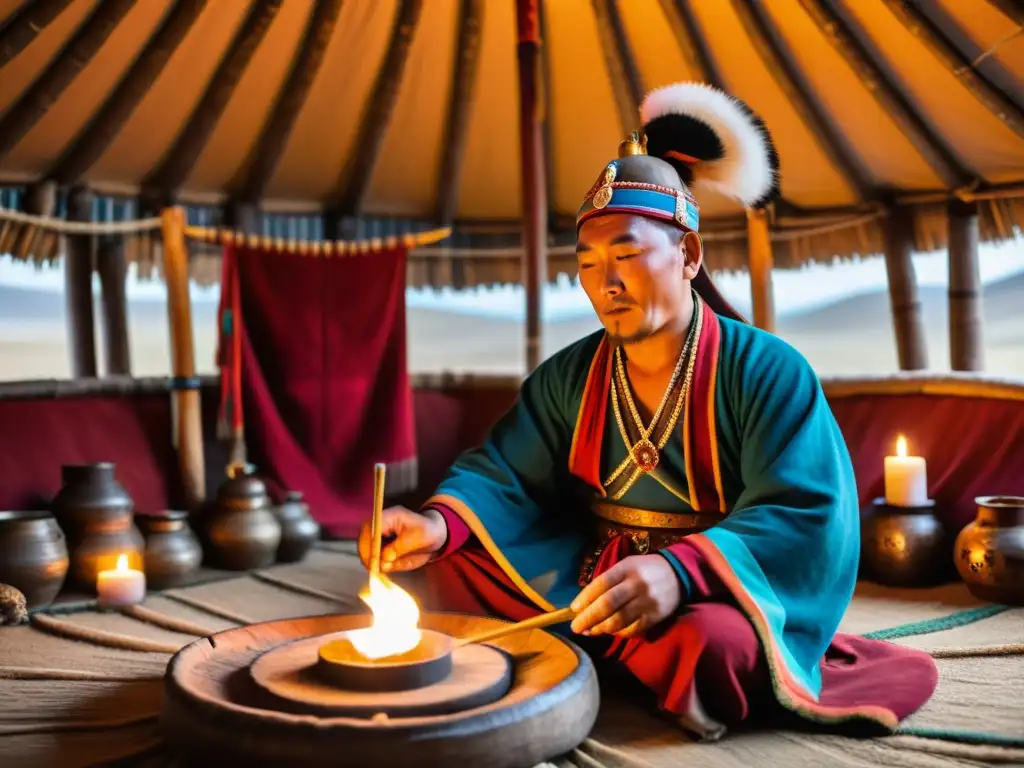 Un chamán mongol realiza un ritual en una yurta iluminada por velas, con atuendo ceremonial vibrante y gestos de profunda conexión espiritual