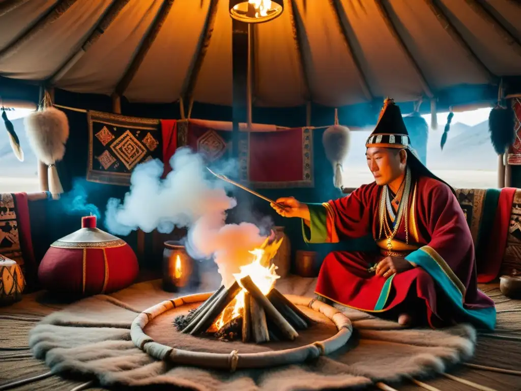 Un chamán mongol realiza una ritual de adivinación en una yurta, rodeado de objetos simbólicos