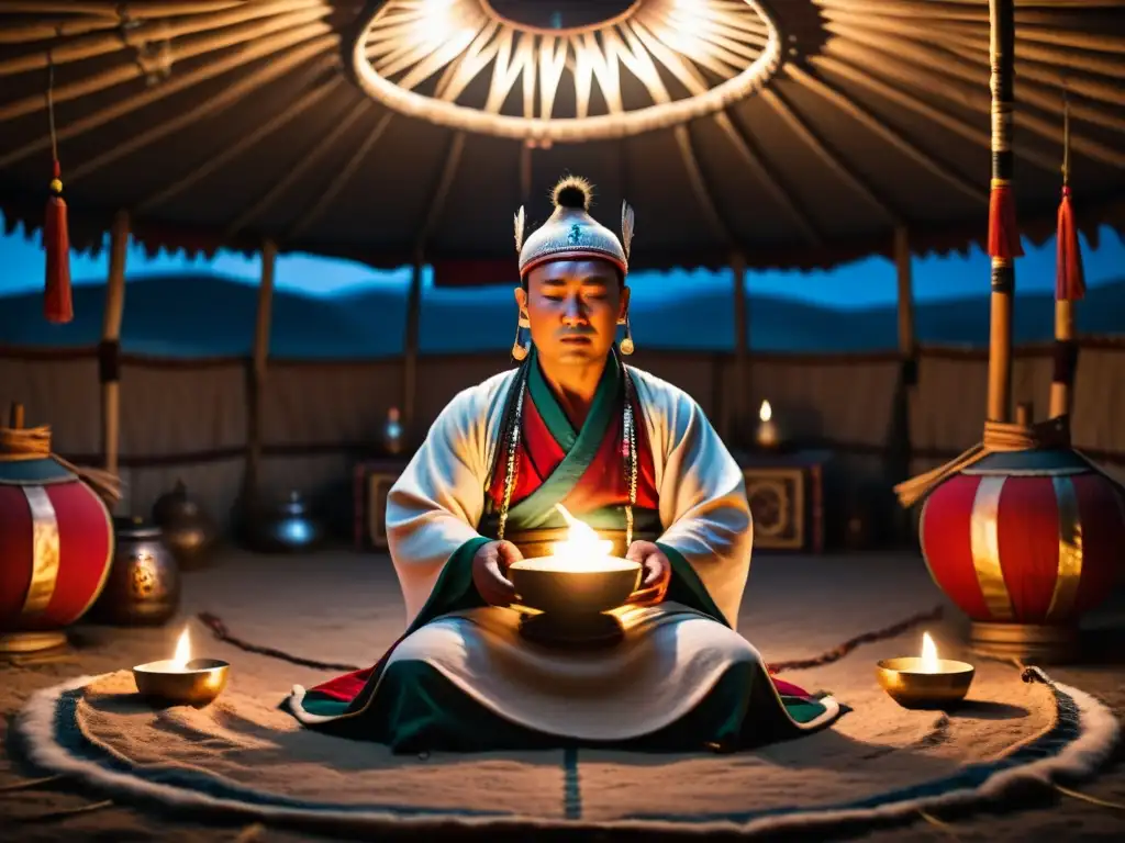 Un chamán mongol realiza un ritual en una yurta iluminada por velas