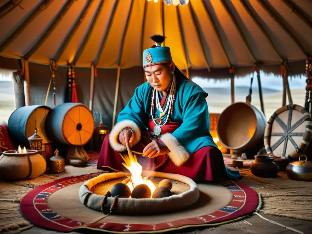 Un chamán mongol realiza un ritual en una yurta, envuelto en una atmósfera mística