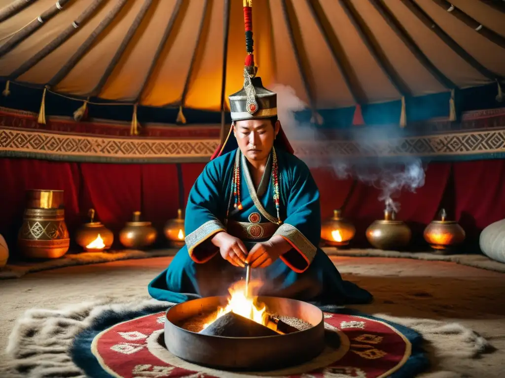 Un chamán mongol realiza un ritual en una yurta decorada, envuelto en humo de hierbas