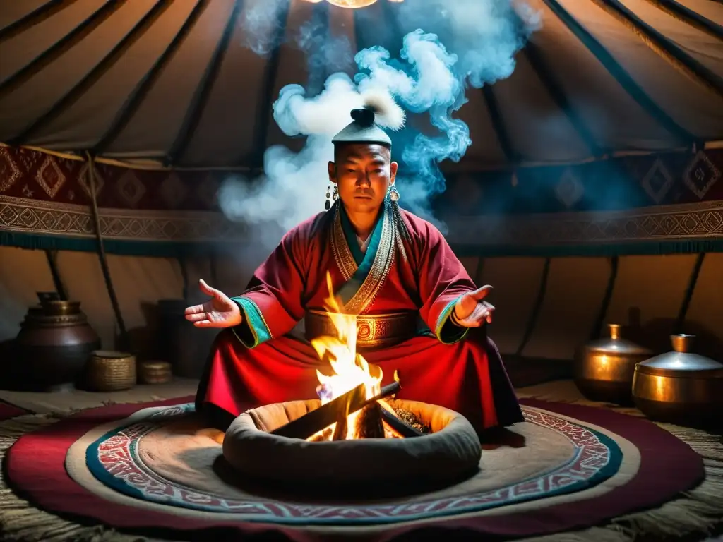 Un chaman mongol realiza un ritual en una yurta iluminada por fuego, representando el chamanismo en el Imperio Mongol