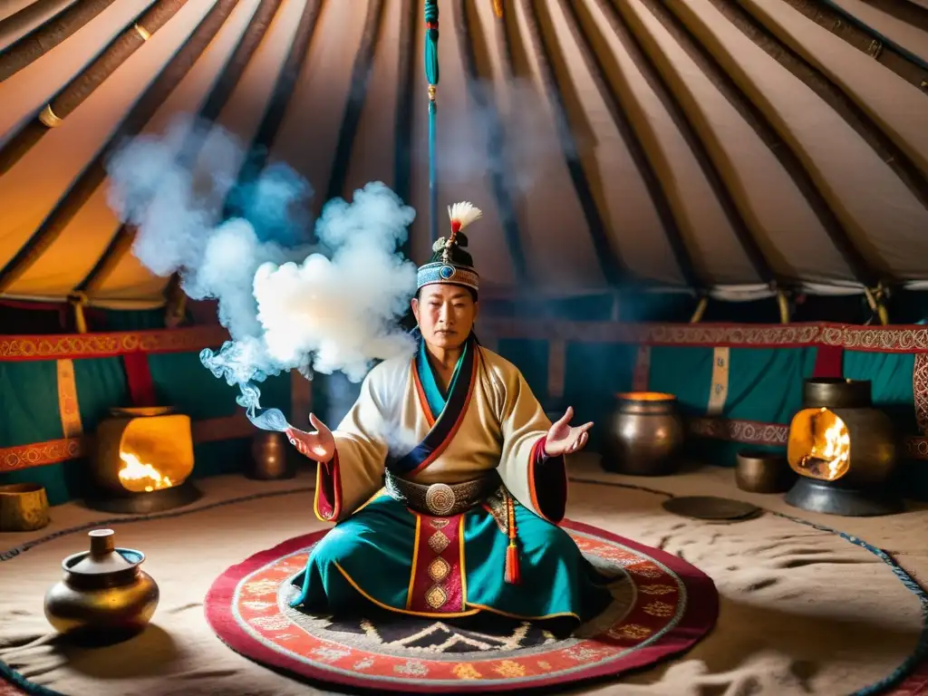 Un chamán mongol realiza un ritual en su yurta, envuelto en una atmósfera mística