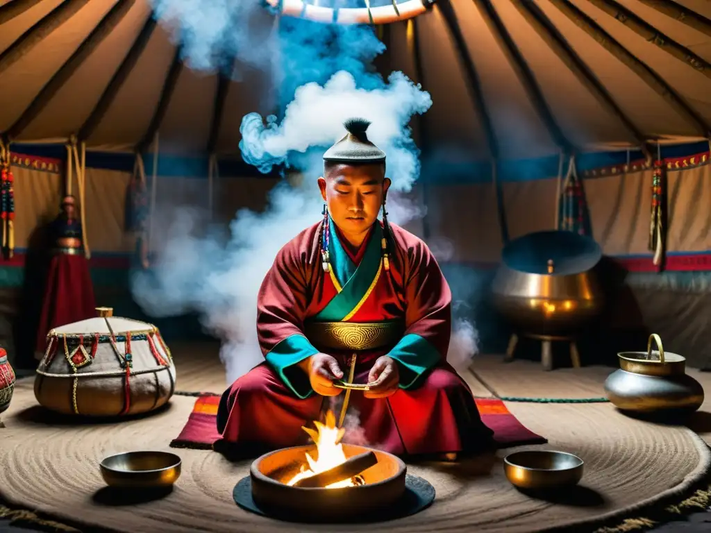 Un chaman mongol realiza un ritual en una yurta, envuelto en humo de incienso y rodeado de artefactos simbólicos