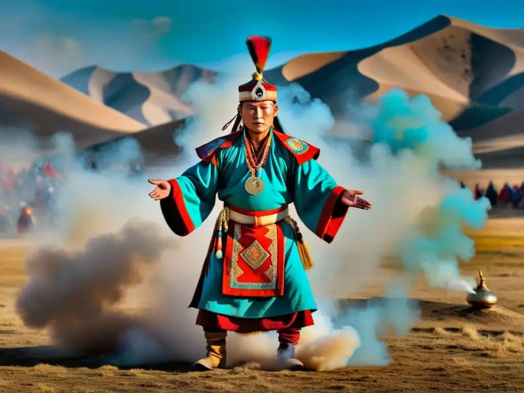 Un chamán mongol en traje ceremonial danza en la naturaleza, rodeado de artefactos simbólicos