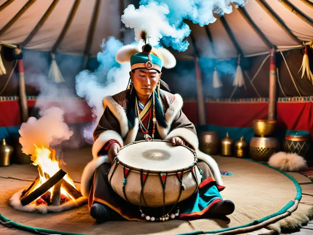 Un chamán mongol en un yurta, vestido con atuendo ceremonial, tocando un tambor en un ritual de chamanismo mongol siglo XXI