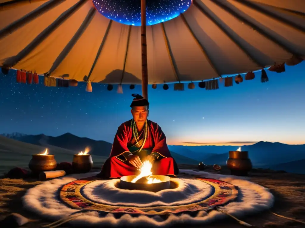 Un chamán realiza un ritual en una yurta en las remotas montañas de Mongolia, rodeado de velas y humo de incienso