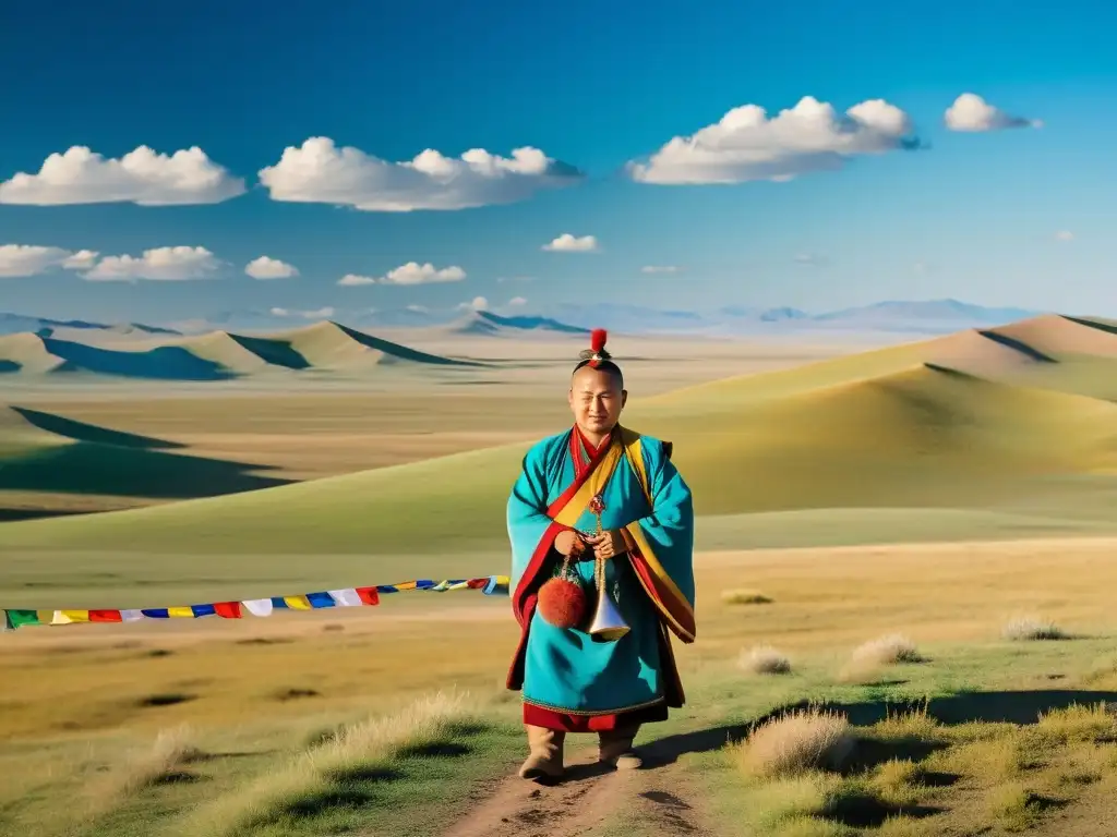 Un chamán solitario realiza un ritual en la estepa mongol, rodeado de banderas de oración coloridas, bajo el vasto cielo azul