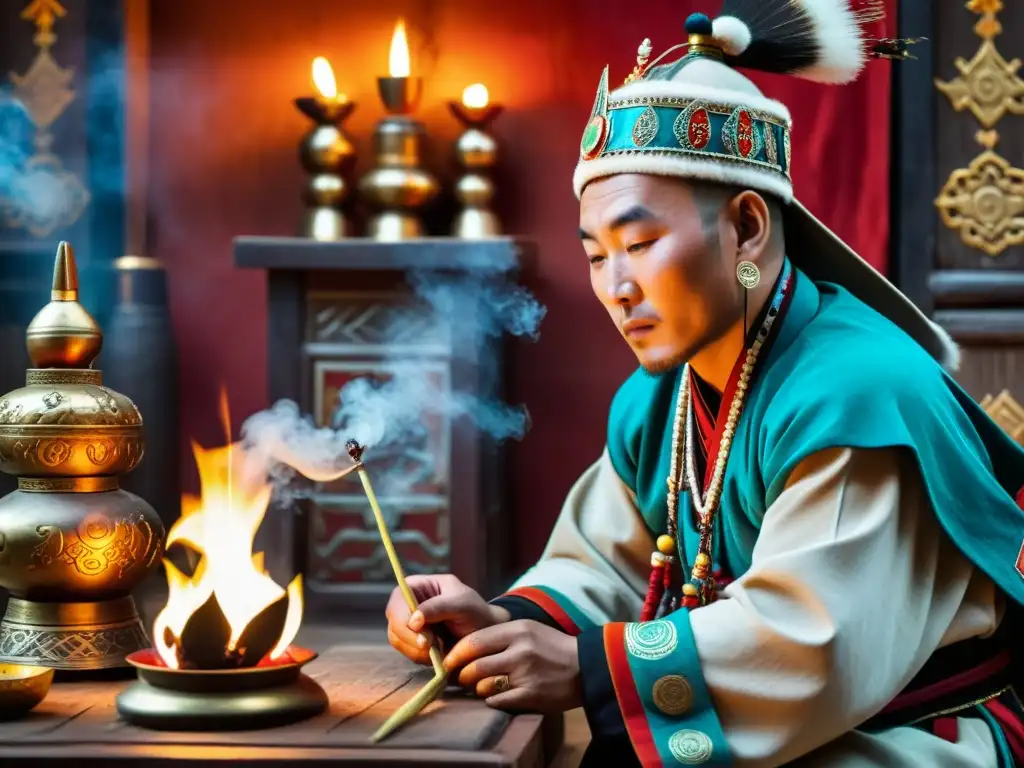 Un chamán tradicional mongol realiza un ritual con estatuas de Espíritus Guardianes en un altar sagrado, creando una atmósfera mística y reverente