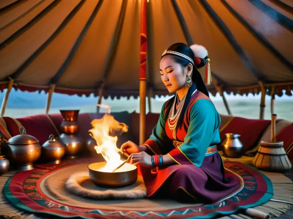 Una chamana mongola realiza un ritual en su yurta, rodeada de instrumentos y luz de velas, invocando a los espíritus con poder y reverencia