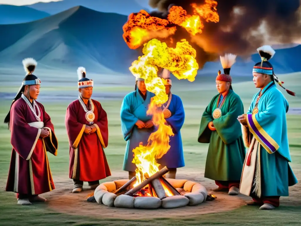 Chamanes famosos realizando un ritual en las vastas estepas de Mongolia, rodeados de fuego y vestidos con coloridos ropajes