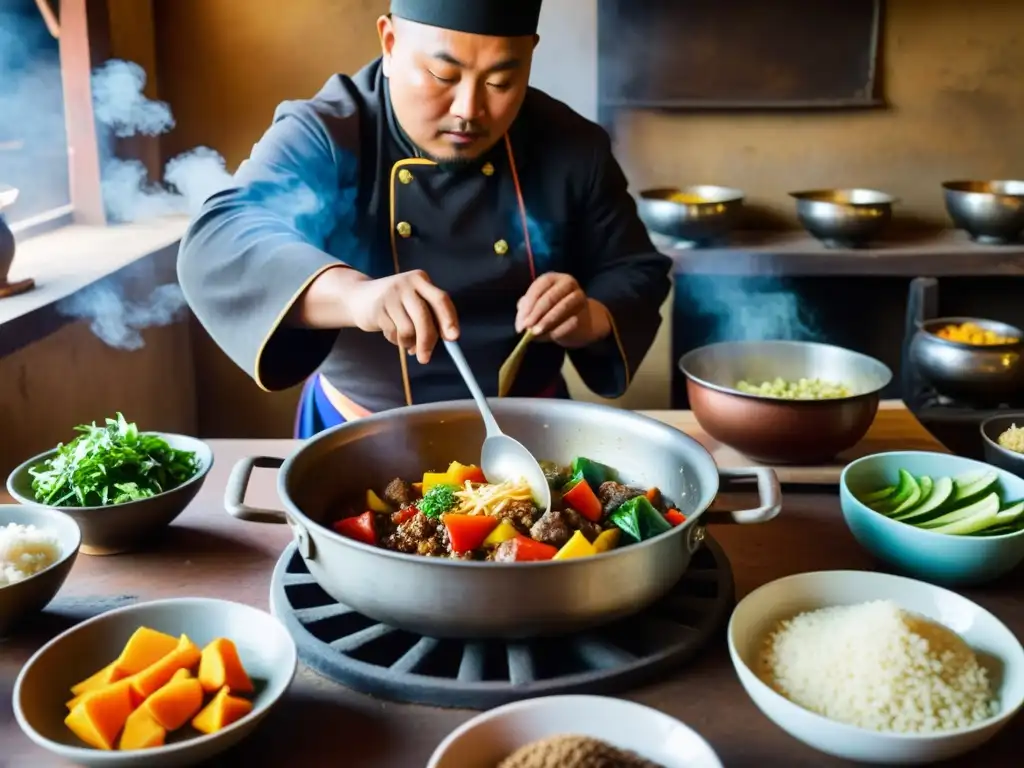 Un chef prepara una cazuela de Genghis Khan en una cocina mongol, evocando historias de platos del Imperio Mongol