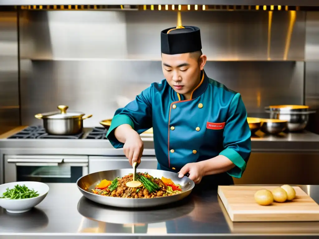 Un chef experto prepara un plato mongol contemporáneo en una cocina moderna, fusionando sabores ancestrales con técnicas culinarias modernas