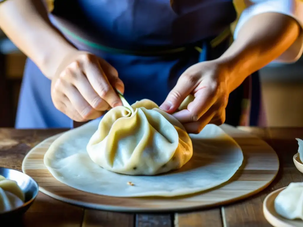 Un chef mongol experto moldea buuz, dumplings tradicionales de Mongolia, en una cocina rústica, mostrando arte culinario