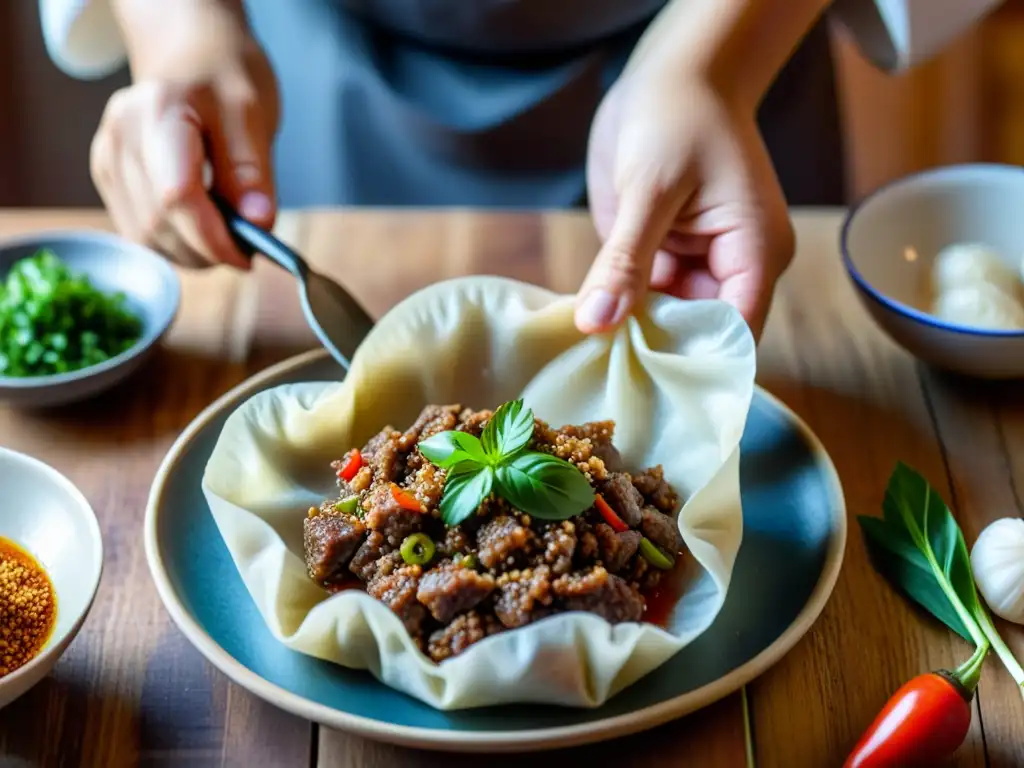 Un chef mongol experto en la cocina tradicional dobla una fina masa alrededor de una mezcla de carne y especias