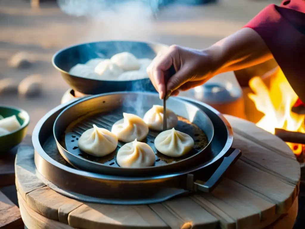 Un chef mongol experto prepara buuz en una cocina rústica al aire libre