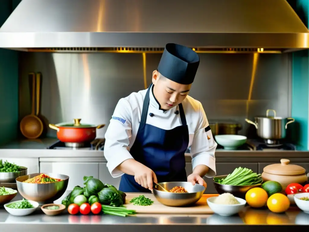 Un chef mongol prepara plato tradicional con técnicas modernas en una cocina contemporánea, fusionando tradición e innovación culinaria