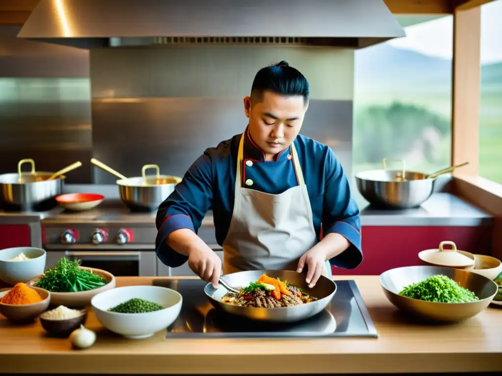 Un chef mongol prepara platos tradicionales en una cocina moderna, destacando la fusión de sabores ancestrales y la técnica culinaria