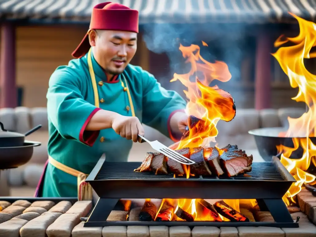 Un chef mongol cocina tradicional del Imperio Mongol sobre una parrilla de fuego abierto, con una escena vibrante de un mercado de fondo