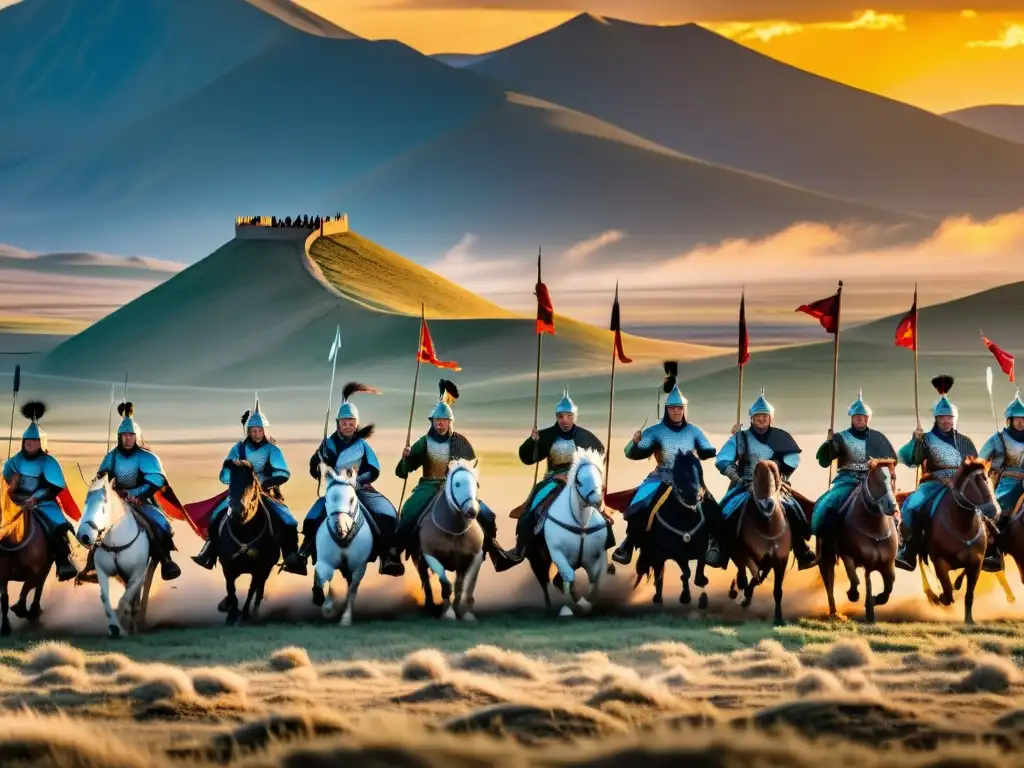 Expansión Mongola en China historia: Ejército de Genghis Khan cabalga hacia la batalla al atardecer, creando una silueta poderosa en la vasta llanura