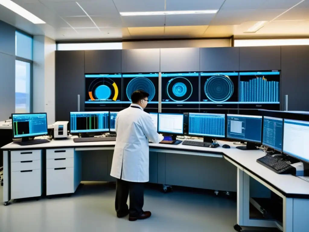 Científicos analizando muestras en un laboratorio con espectrómetro de masas, destacando la precisión del equipo y el análisis de aleaciones mongolas