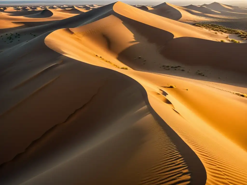 Representación cinematográfica del Imperio Mongol: Desierto dorado bañado por el sol, con dunas infinitas y sombras dramáticas