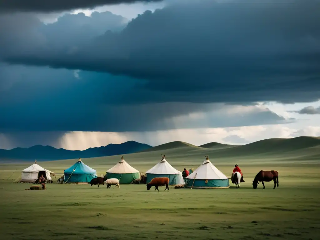 Representación cinematográfica del Imperio Mongol: Foto documental de la vasta estepa mongola, herederos nómadas y cielo dramático