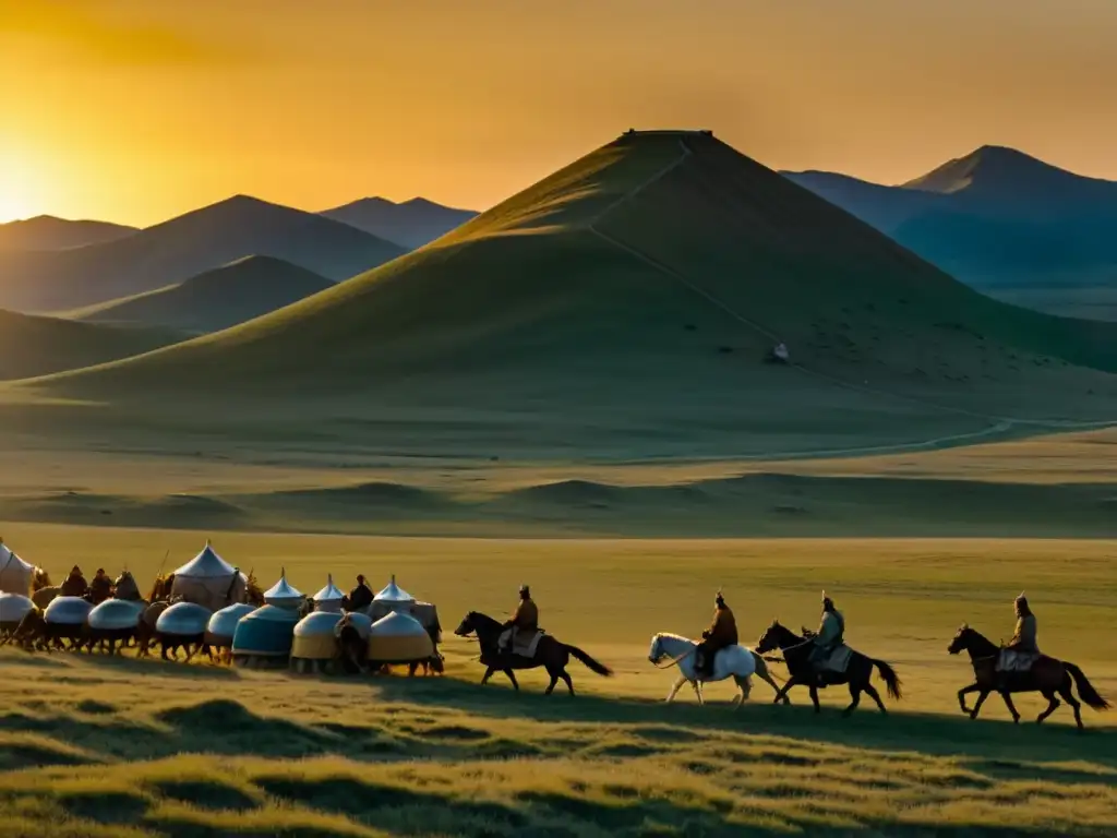 Representación cinematográfica del Imperio Mongol: Genghis Khan lidera una caravana en la extensa estepa mongola al atardecer