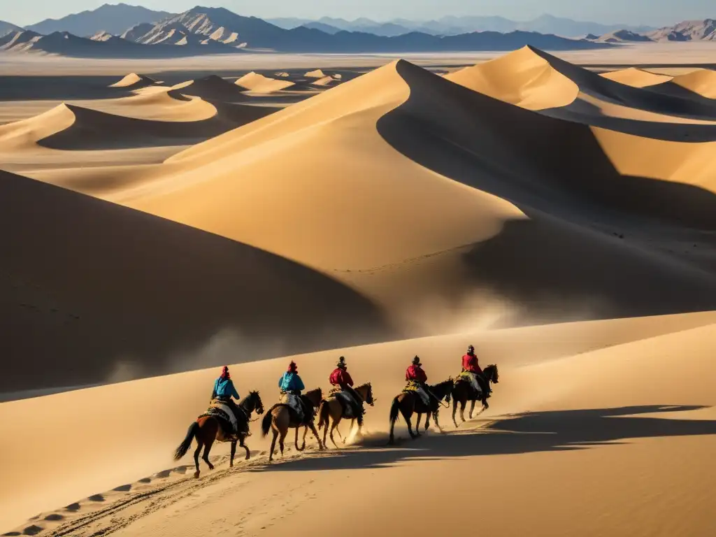 Representación cinematográfica del Imperio Mongol: majestuoso paisaje desértico con dunas de arena dorada, jinetes mongoles en movimiento