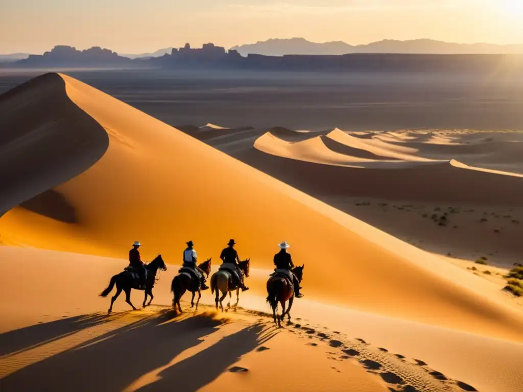 Representación cinematográfica del Imperio Mongol: paisaje desértico vasto con dunas de arena, jinetes a lo lejos y cálida luz dorada