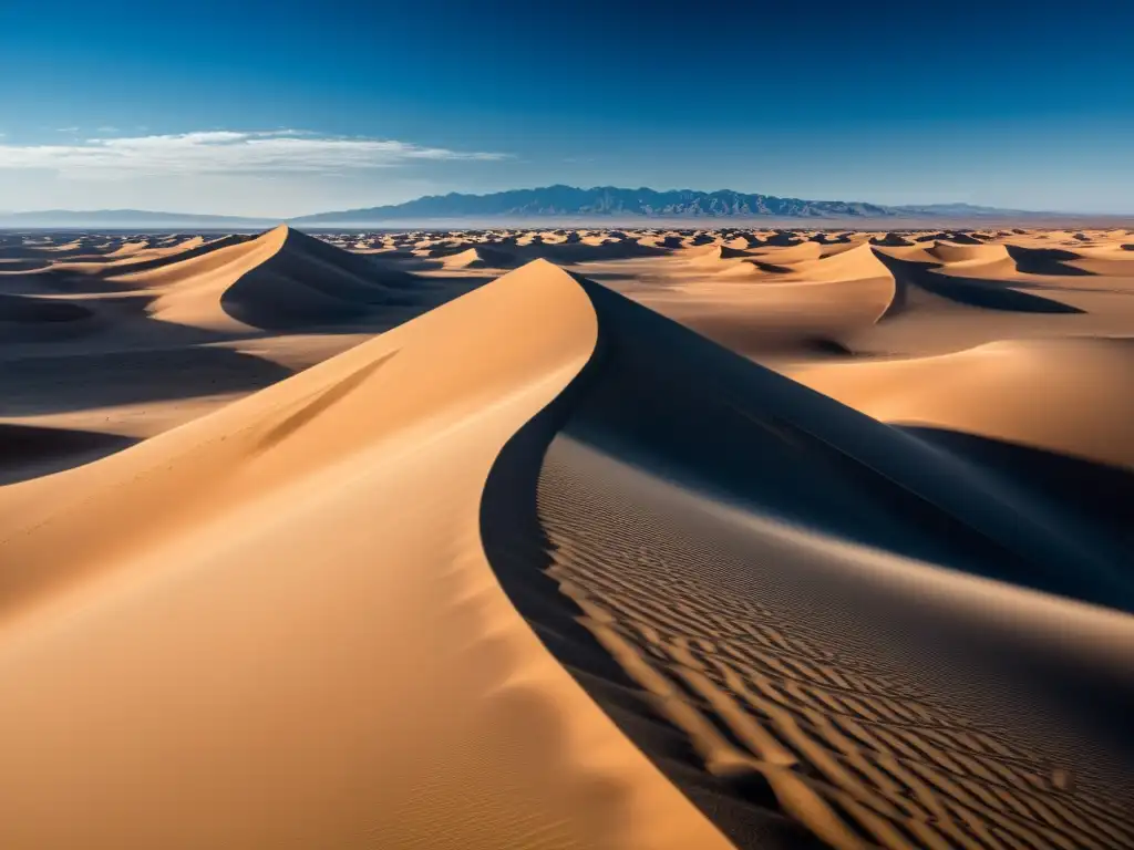 Una representación cinematográfica del Imperio Mongol en un vasto y desolado paisaje de dunas de arena con ruinas antiguas