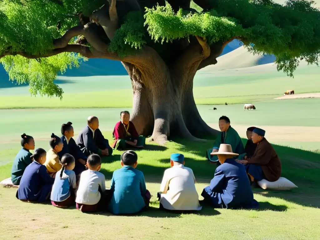 Un círculo de ancianos y jóvenes estudiantes mongoles comparten historias bajo un árbol